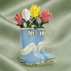 Blue Garden Boot with Tulips Brooch – Whimsical Floral Pin